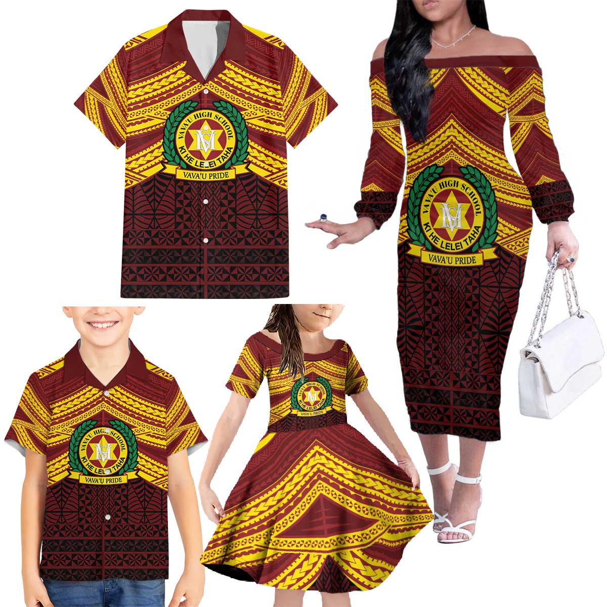 Personalised Tonga Vava'u High School Family Matching Off The Shoulder Long Sleeve Dress and Hawaiian Shirt Polynesian Ngatu Tribal LT9 - Polynesian Pride