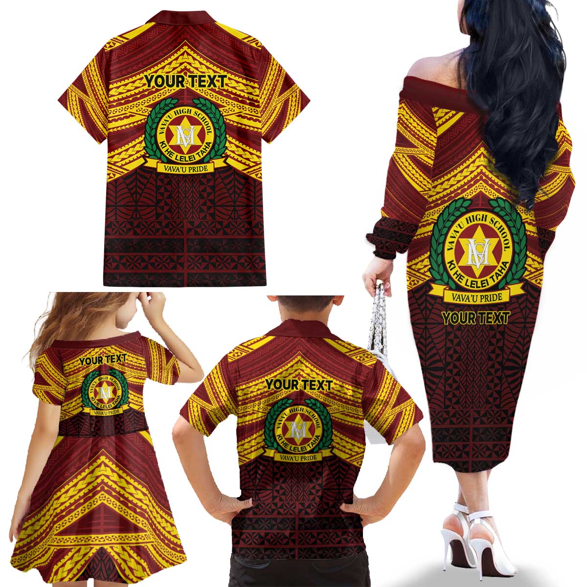 Personalised Tonga Vava'u High School Family Matching Off The Shoulder Long Sleeve Dress and Hawaiian Shirt Polynesian Ngatu Tribal LT9 - Polynesian Pride