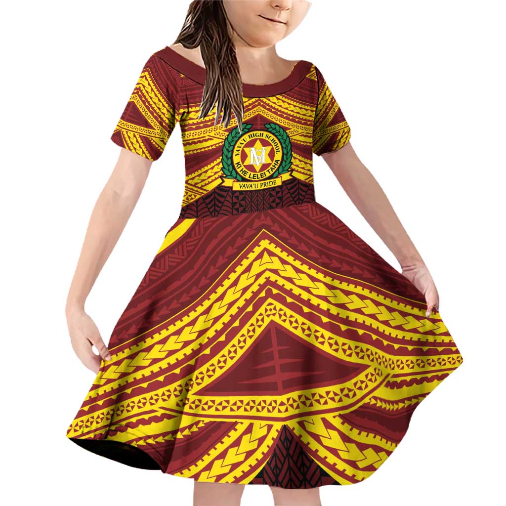 Personalised Tonga Vava'u High School Family Matching Off Shoulder Short Dress and Hawaiian Shirt Polynesian Ngatu Tribal LT9 Daughter's Dress Red - Polynesian Pride