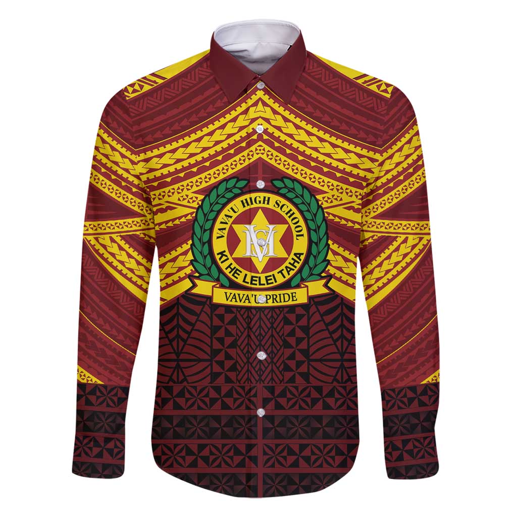 Personalised Tonga Vava'u High School Family Matching Off Shoulder Short Dress and Hawaiian Shirt Polynesian Ngatu Tribal LT9 Dad's Shirt - Long Sleeve Red - Polynesian Pride