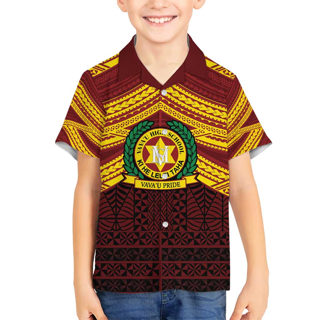 Personalised Tonga Vava'u High School Family Matching Off Shoulder Short Dress and Hawaiian Shirt Polynesian Ngatu Tribal LT9 Son's Shirt Red - Polynesian Pride