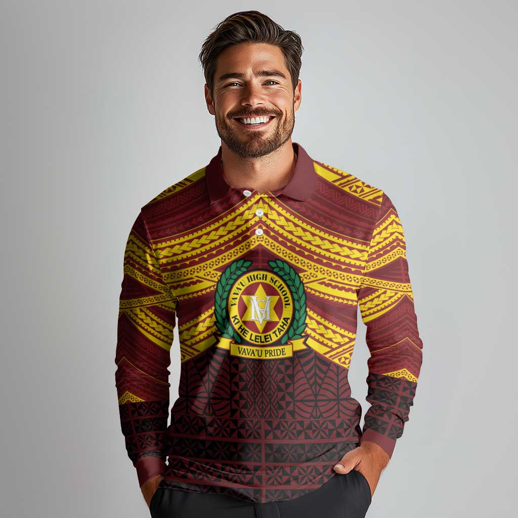 Personalised Tonga Vava'u High School Long Sleeve Polo Shirt Polynesian Ngatu Tribal