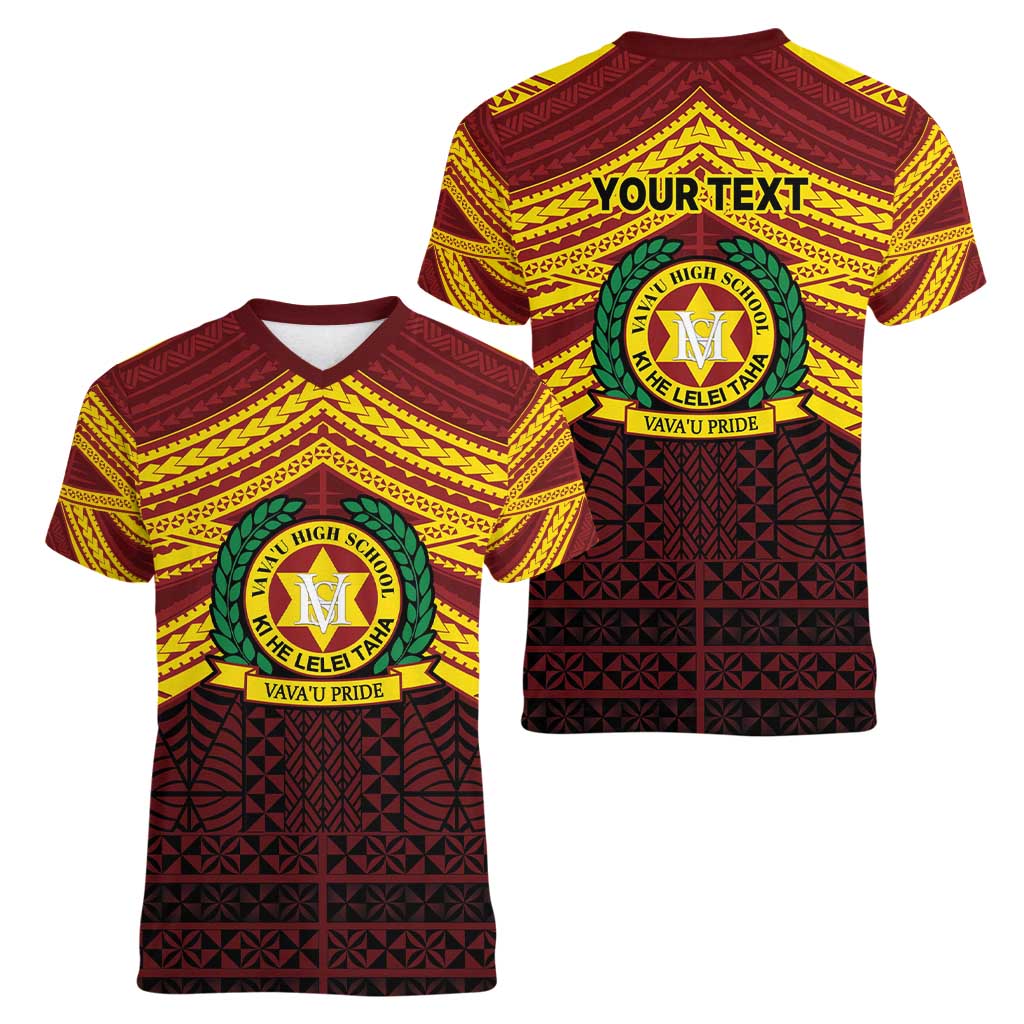 Personalised Tonga Vava'u High School Women V-Neck T-Shirt Polynesian Ngatu Tribal