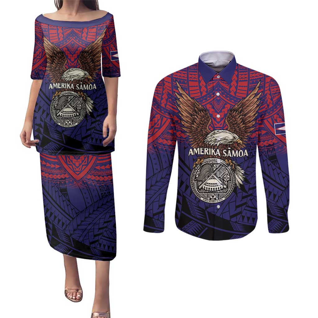 American Samoa Brave Eagle Personalized Couples Matching Puletasi and Long Sleeve Button Shirt National Flag Color