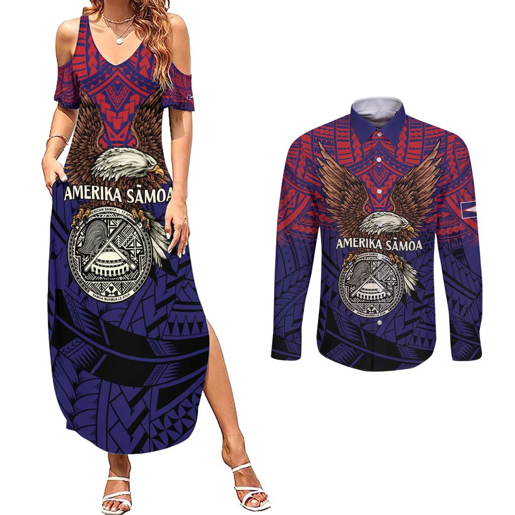American Samoa Brave Eagle Personalized Couples Matching Summer Maxi Dress and Long Sleeve Button Shirt National Flag Color