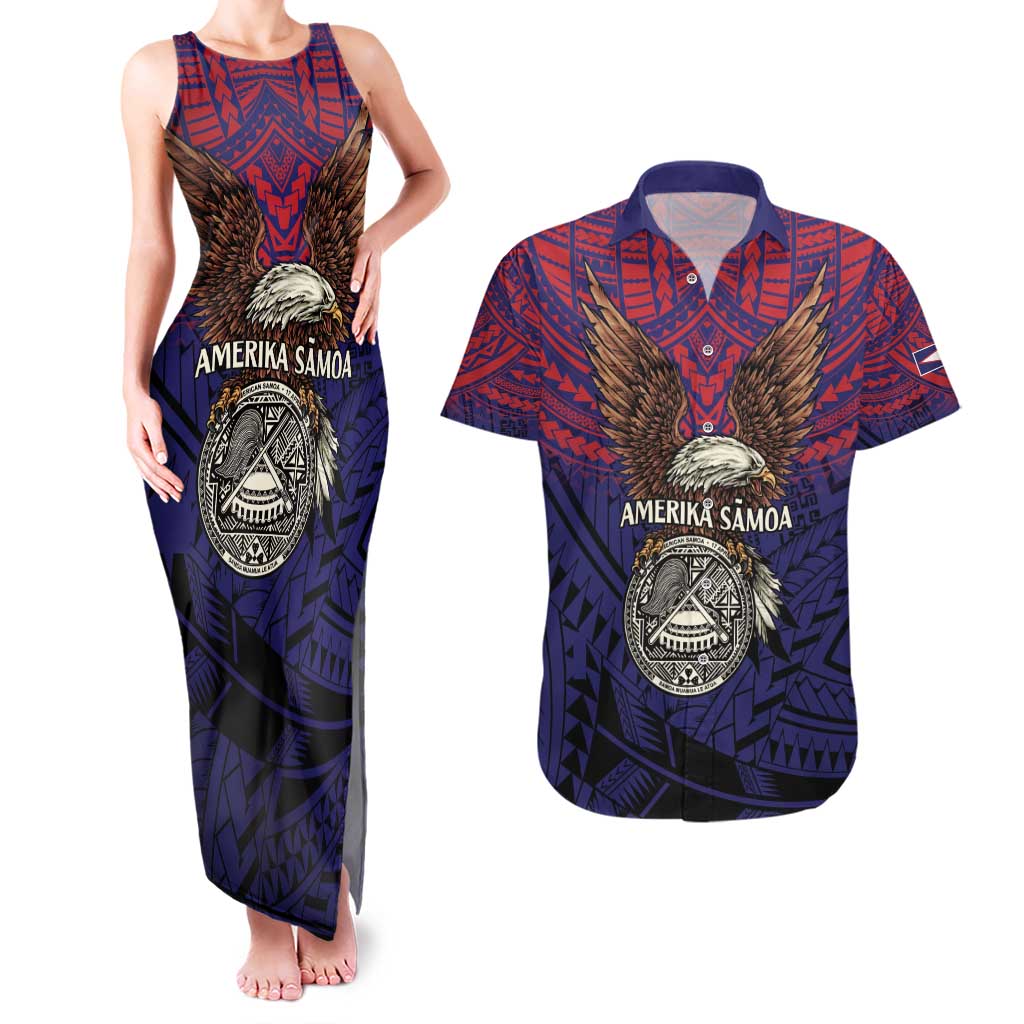 American Samoa Brave Eagle Personalized Couples Matching Tank Maxi Dress and Hawaiian Shirt National Flag Color