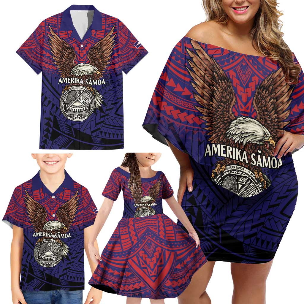 American Samoa Brave Eagle Personalized Family Matching Off Shoulder Short Dress and Hawaiian Shirt National Flag Color