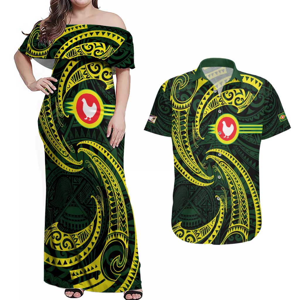 American Samoa Manua Cession Day Personalized Couples Matching Off Shoulder Maxi Dress and Hawaiian Shirt Polynesian Wave Style