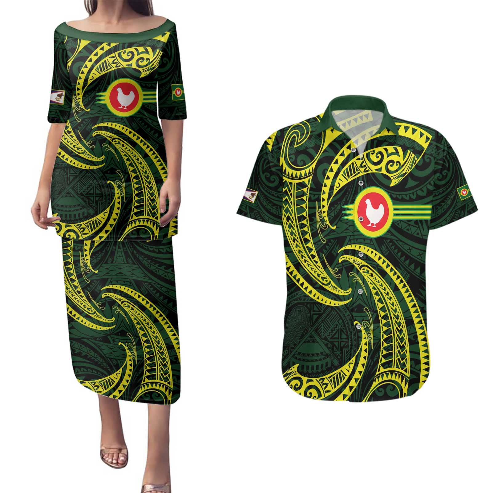 American Samoa Manua Cession Day Personalized Couples Matching Puletasi and Hawaiian Shirt Polynesian Wave Style
