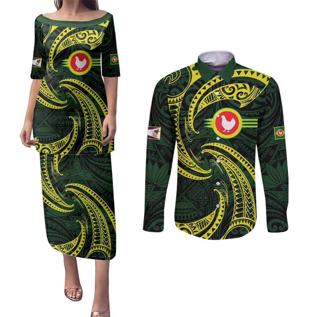American Samoa Manua Cession Day Personalized Couples Matching Puletasi and Long Sleeve Button Shirt Polynesian Wave Style