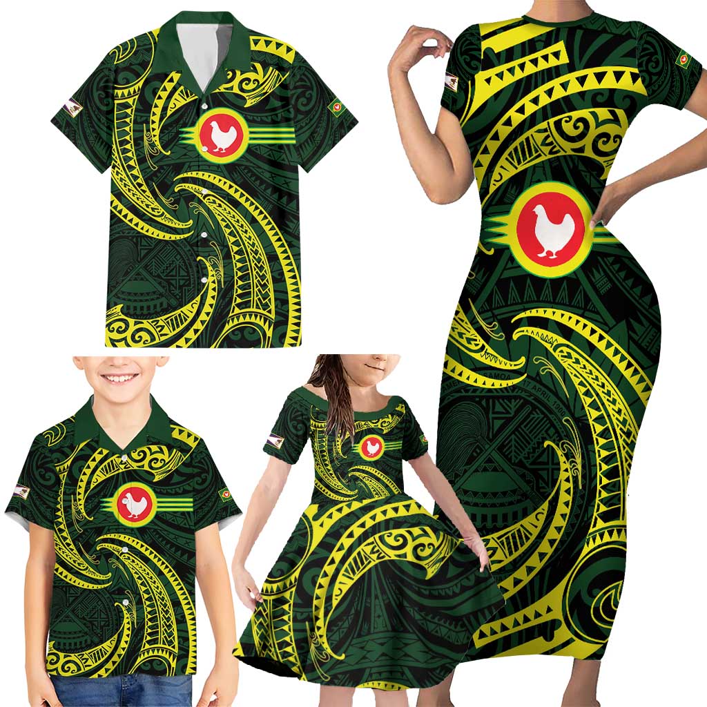 American Samoa Manua Cession Day Personalized Family Matching Short Sleeve Bodycon Dress and Hawaiian Shirt Polynesian Wave Style