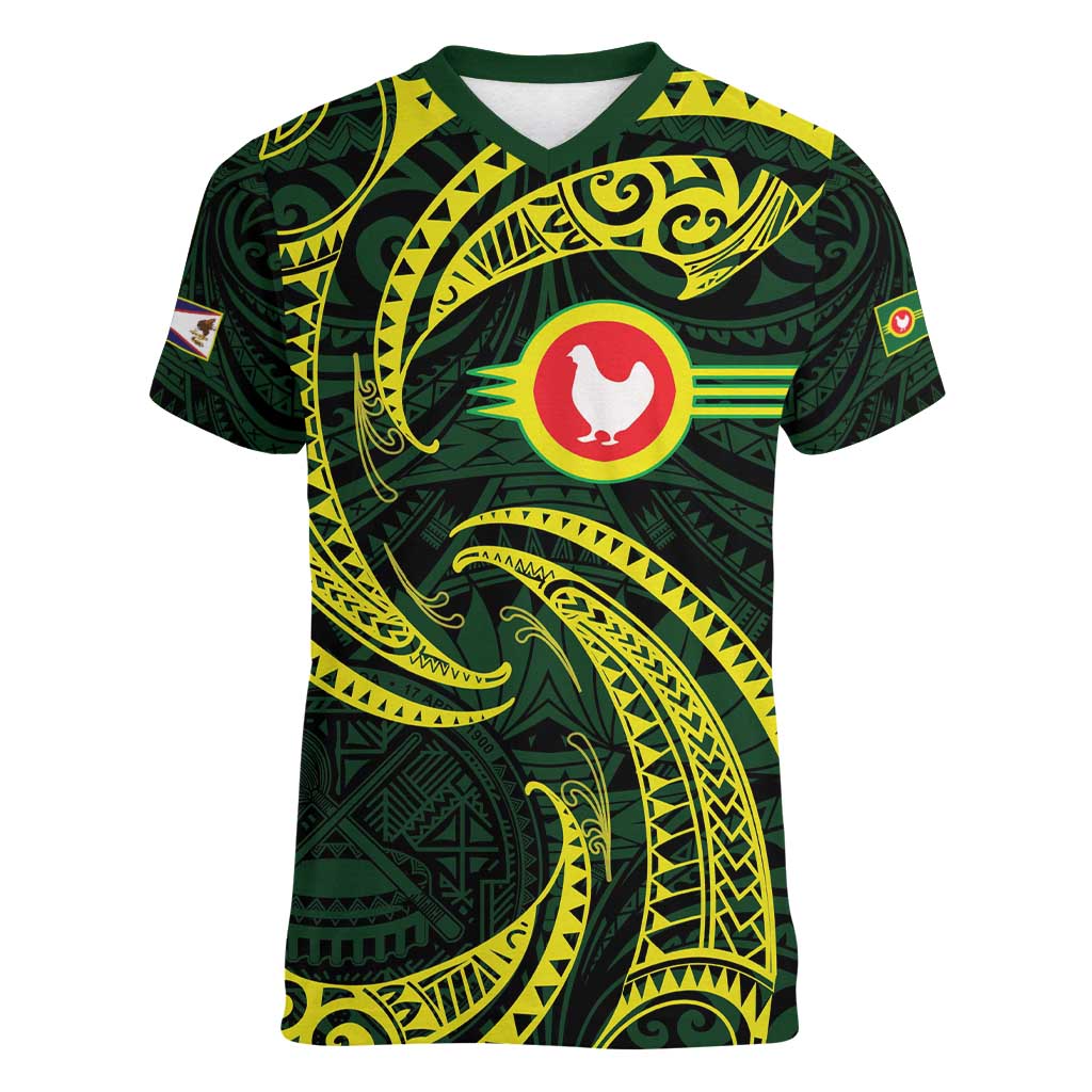 American Samoa Manua Cession Day Personalized Women V-Neck T-Shirt Polynesian Wave Style