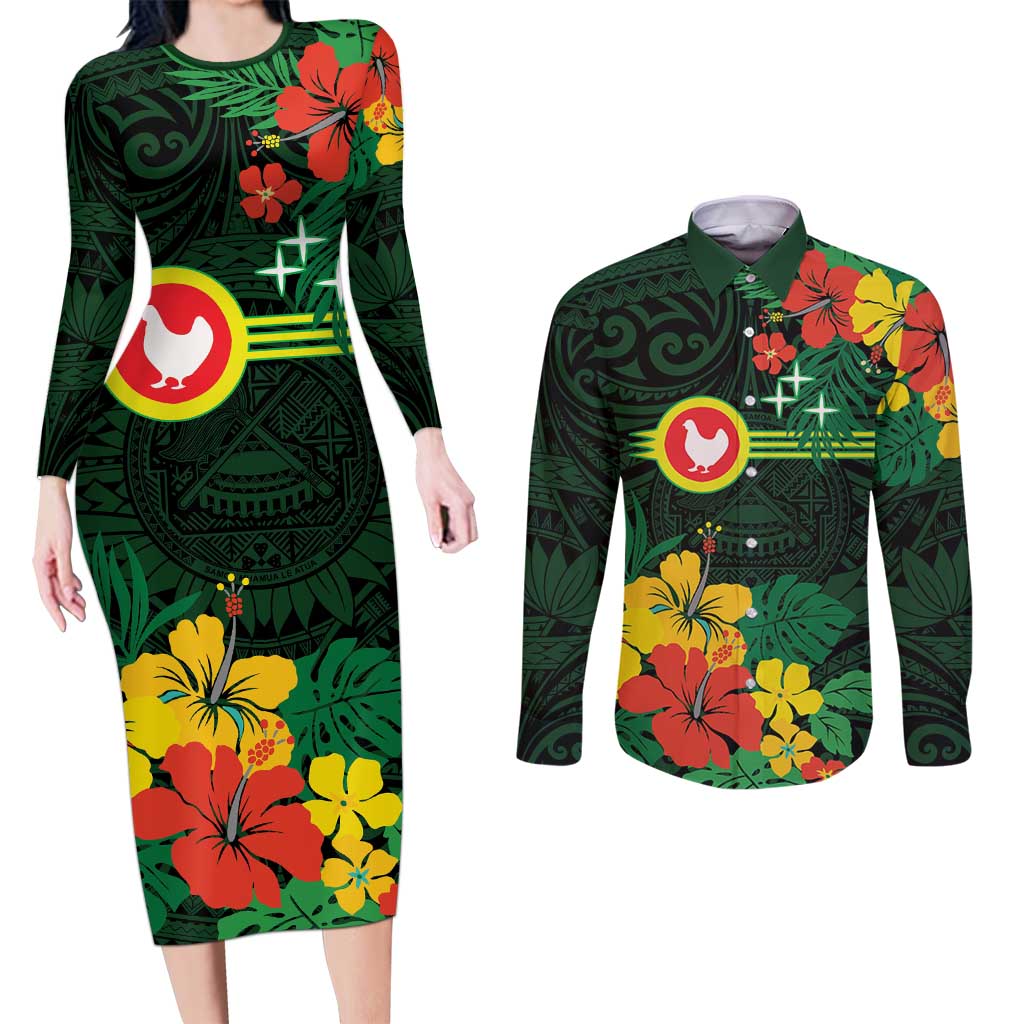 American Samoa Manu'atele Personalized Couples Matching Long Sleeve Bodycon Dress and Long Sleeve Button Shirt Manua Island Hibiscus Flowers