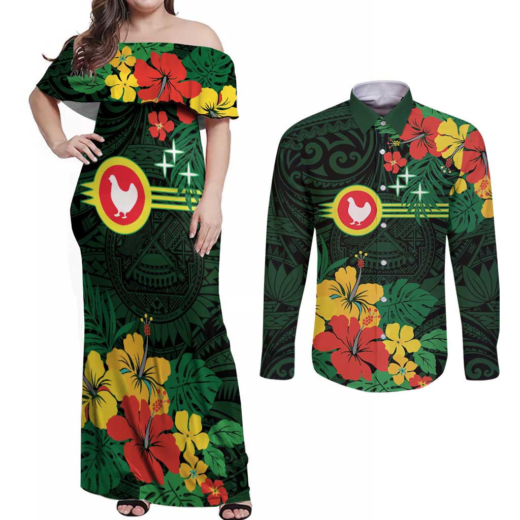 American Samoa Manu'atele Personalized Couples Matching Off Shoulder Maxi Dress and Long Sleeve Button Shirt Manua Island Hibiscus Flowers