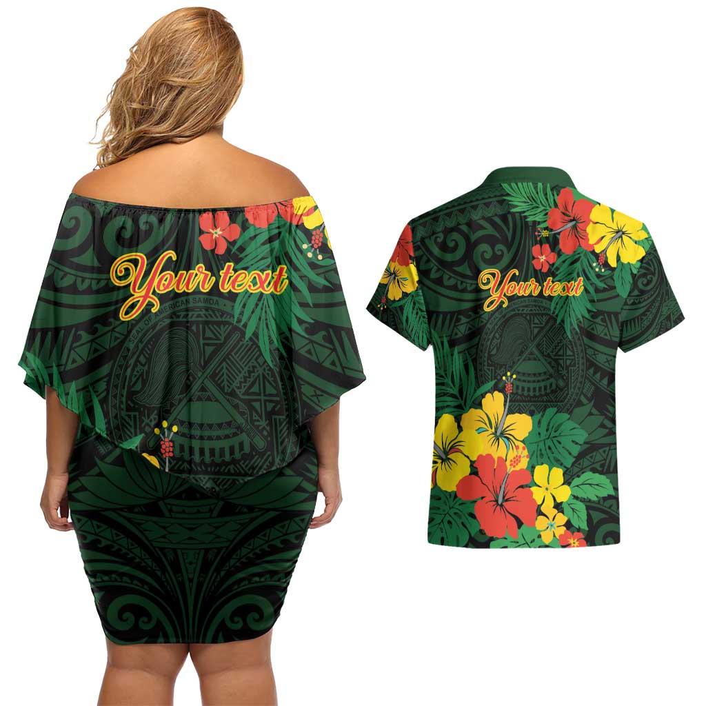 American Samoa Manu'atele Personalized Couples Matching Off Shoulder Short Dress and Hawaiian Shirt Manua Island Hibiscus Flowers