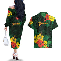 American Samoa Manu'atele Personalized Couples Matching Off The Shoulder Long Sleeve Dress and Hawaiian Shirt Manua Island Hibiscus Flowers