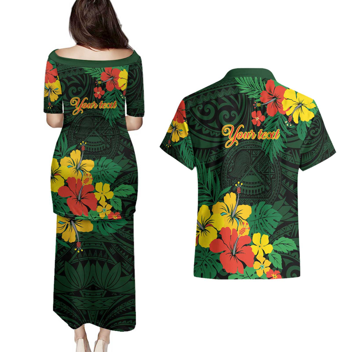 American Samoa Manu'atele Personalized Couples Matching Puletasi and Hawaiian Shirt Manua Island Hibiscus Flowers