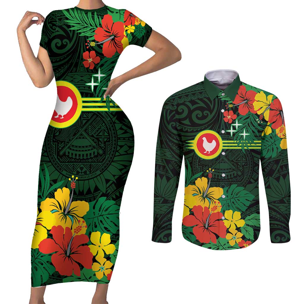 American Samoa Manu'atele Personalized Couples Matching Short Sleeve Bodycon Dress and Long Sleeve Button Shirt Manua Island Hibiscus Flowers
