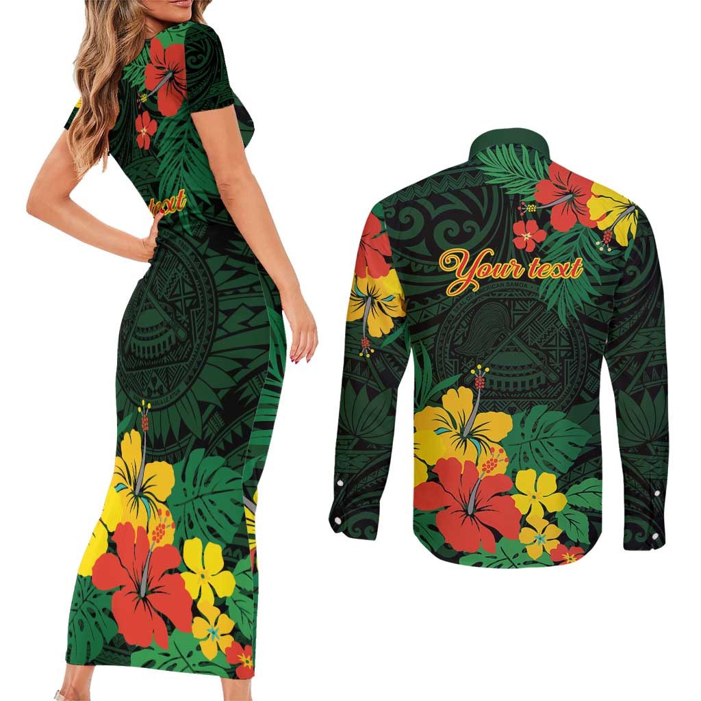 American Samoa Manu'atele Personalized Couples Matching Short Sleeve Bodycon Dress and Long Sleeve Button Shirt Manua Island Hibiscus Flowers