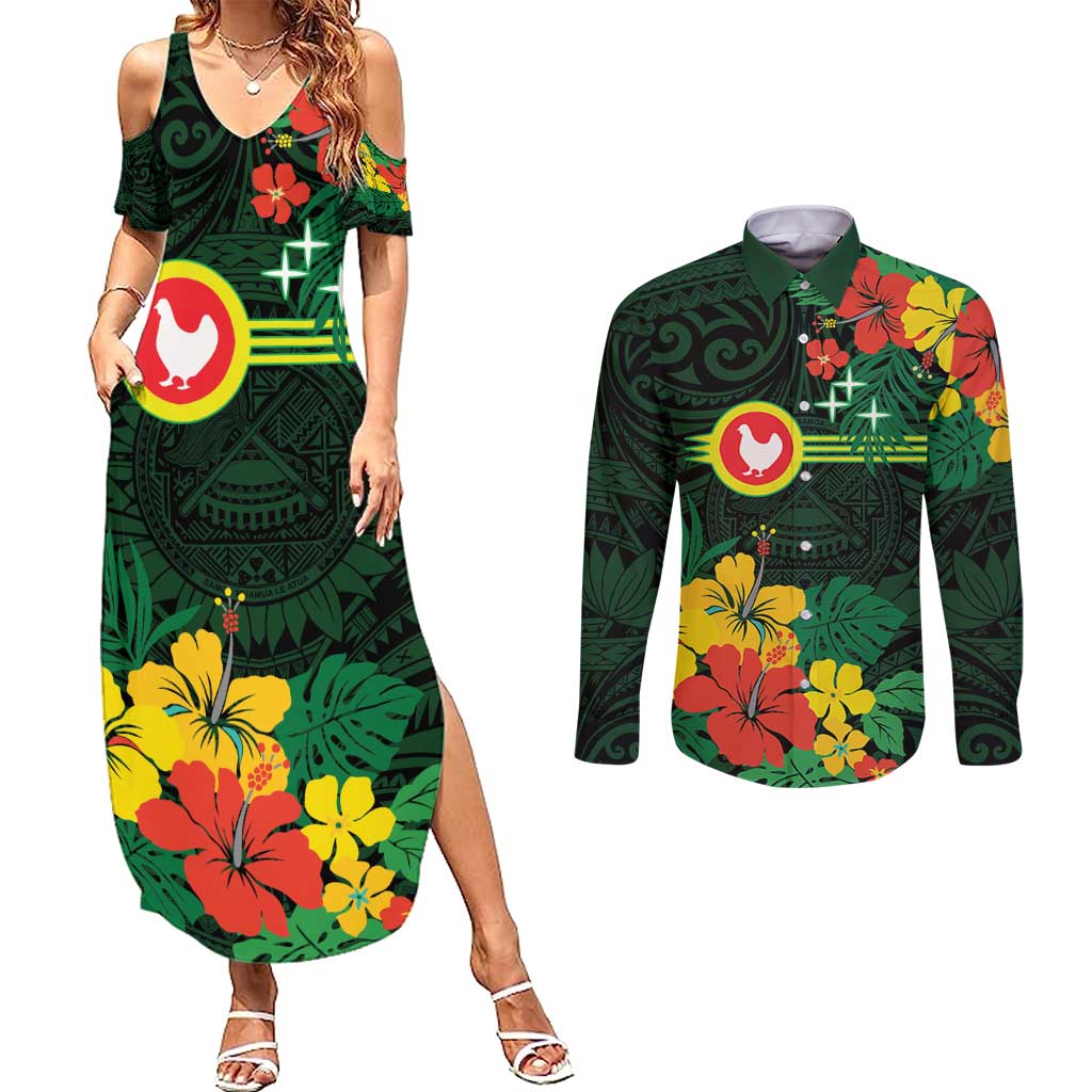 American Samoa Manu'atele Personalized Couples Matching Summer Maxi Dress and Long Sleeve Button Shirt Manua Island Hibiscus Flowers