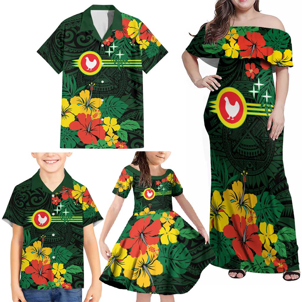 American Samoa Manu'atele Personalized Family Matching Off Shoulder Maxi Dress and Hawaiian Shirt Manua Island Hibiscus Flowers