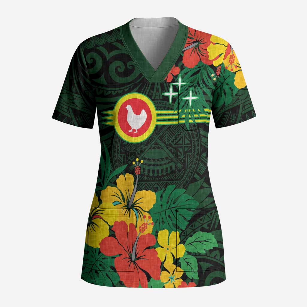 American Samoa Manu'atele Personalized Scrub Top Manua Island Hibiscus Flowers - Polynesian Pride