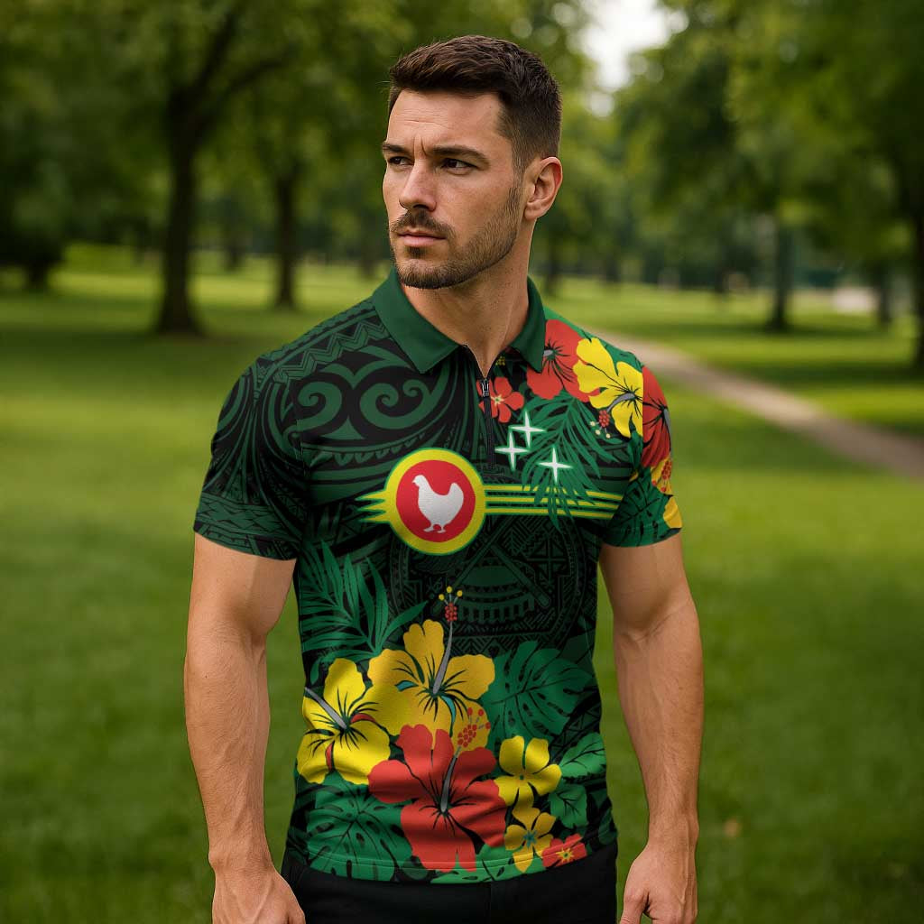 American Samoa Manu'atele Personalized Zipper Polo Shirt Manua Island Hibiscus Flowers - Polynesian Pride