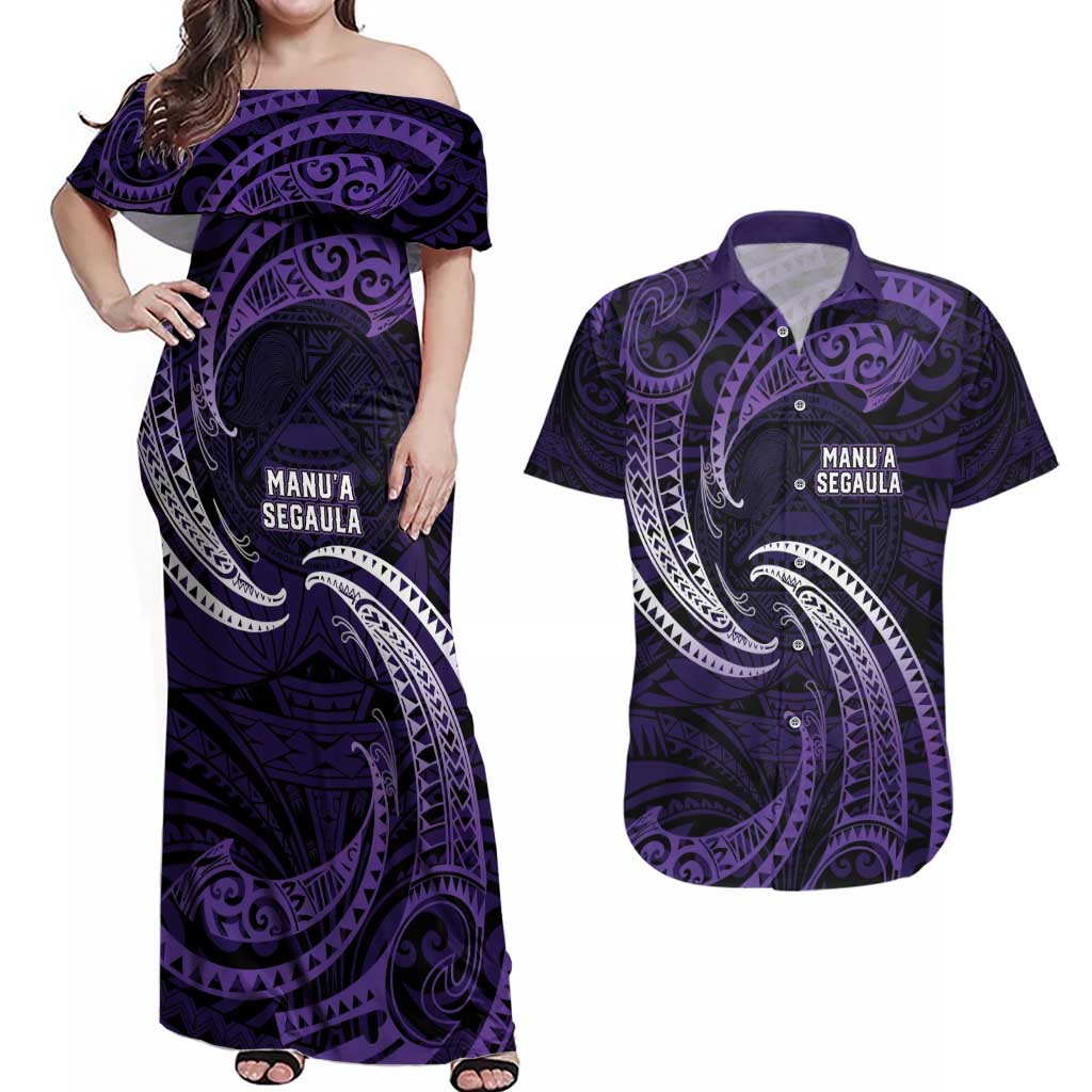 Manua Segaula American Samoa High School Personalized Couples Matching Off Shoulder Maxi Dress and Hawaiian Shirt Polynesian Wave Style
