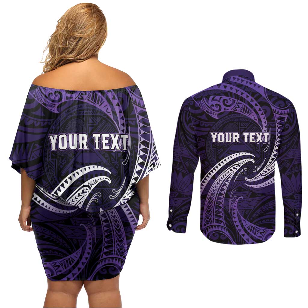 Manua Segaula American Samoa High School Personalized Couples Matching Off Shoulder Short Dress and Long Sleeve Button Shirt Polynesian Wave Style