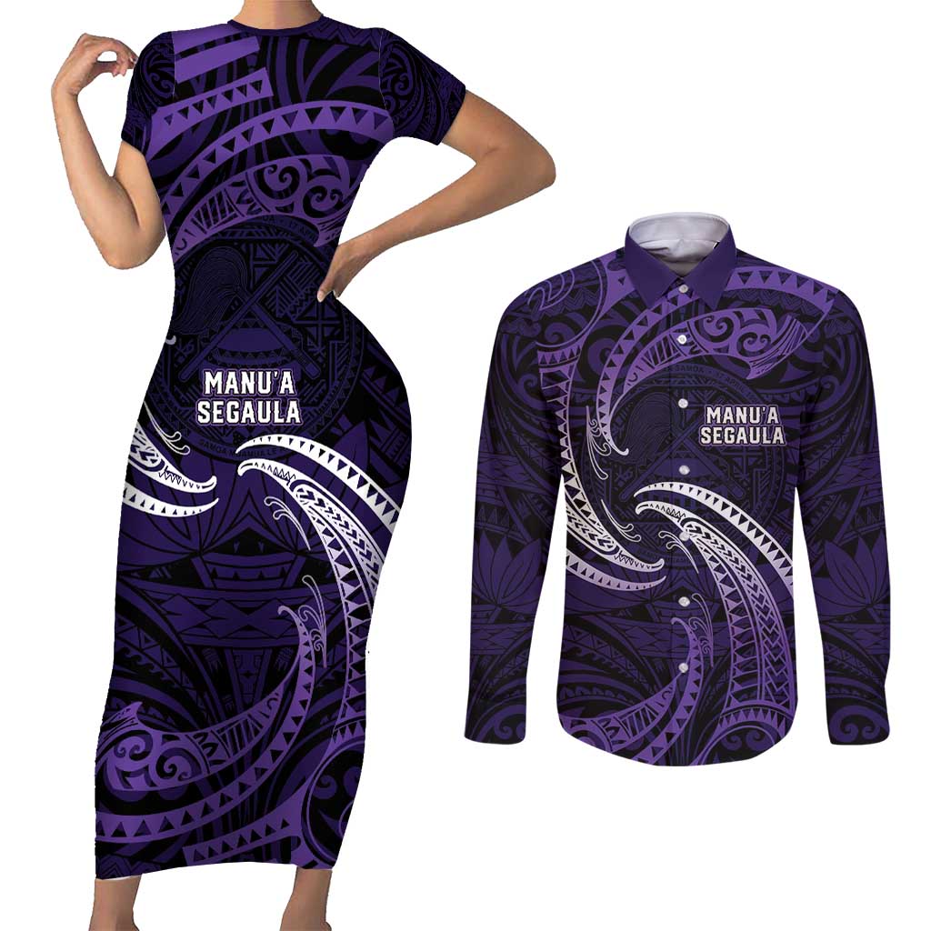 Manua Segaula American Samoa High School Personalized Couples Matching Short Sleeve Bodycon Dress and Long Sleeve Button Shirt Polynesian Wave Style