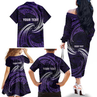 Manua Segaula American Samoa High School Personalized Family Matching Off The Shoulder Long Sleeve Dress and Hawaiian Shirt Polynesian Wave Style