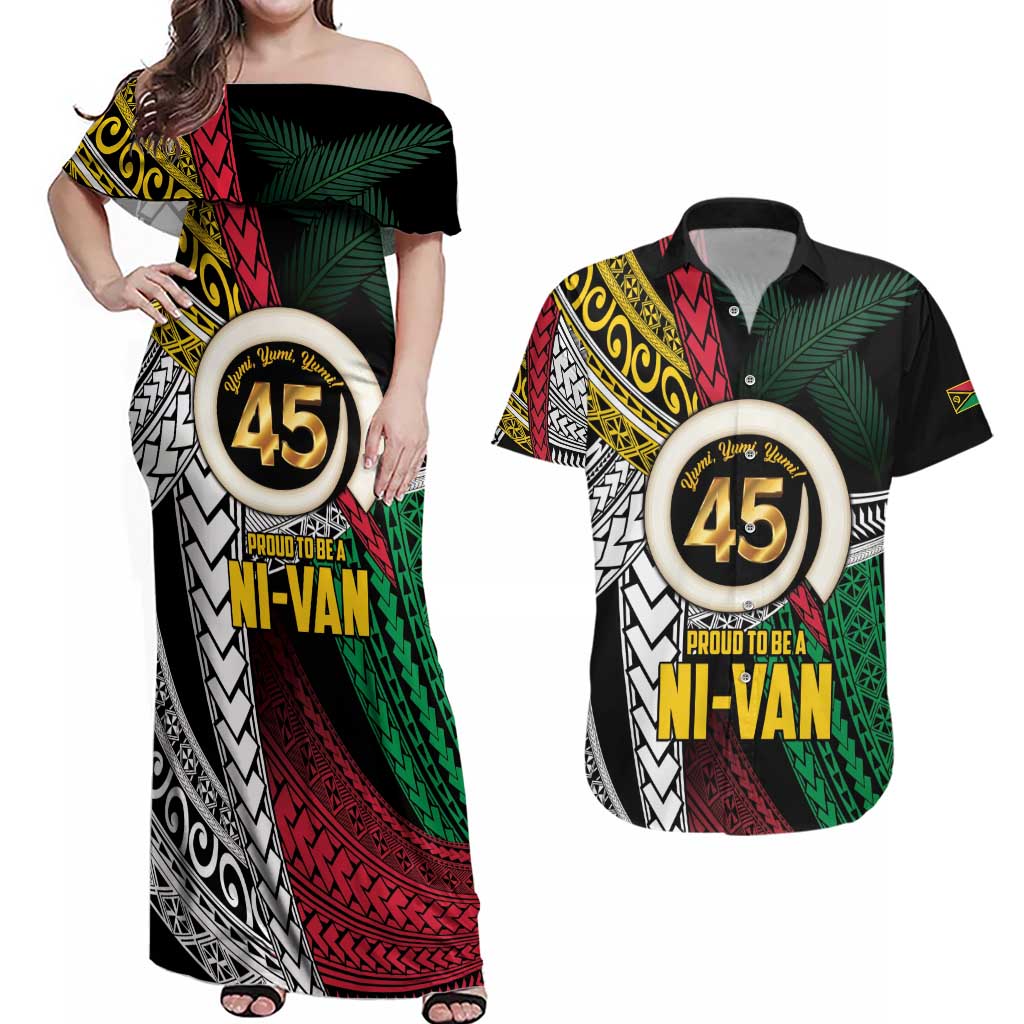 Ni-Van Vanuatu 45th Yumi Yumi Yumi Couples Matching Off Shoulder Maxi Dress and Hawaiian Shirt Vanuatuan Boar Tusk Polynesian Pattern