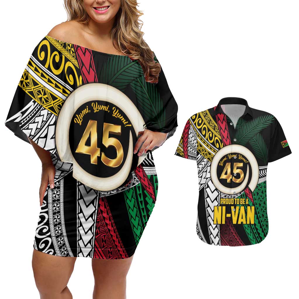 Ni-Van Vanuatu 45th Yumi Yumi Yumi Couples Matching Off Shoulder Short Dress and Hawaiian Shirt Vanuatuan Boar Tusk Polynesian Pattern LT9 Black - Polynesian Pride
