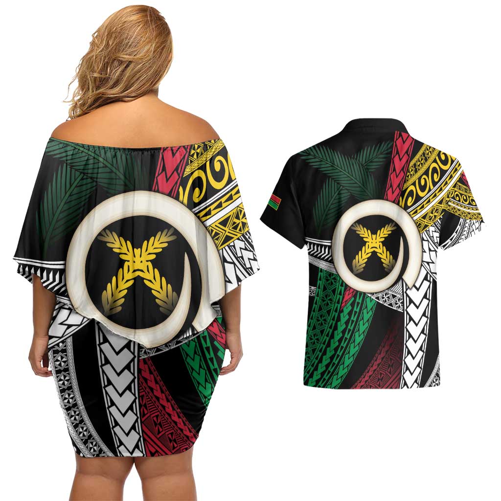 Ni-Van Vanuatu 45th Yumi Yumi Yumi Couples Matching Off Shoulder Short Dress and Hawaiian Shirt Vanuatuan Boar Tusk Polynesian Pattern LT9 - Polynesian Pride