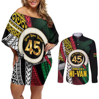 Ni-Van Vanuatu 45th Yumi Yumi Yumi Couples Matching Off Shoulder Short Dress and Long Sleeve Button Shirt Vanuatuan Boar Tusk Polynesian Pattern