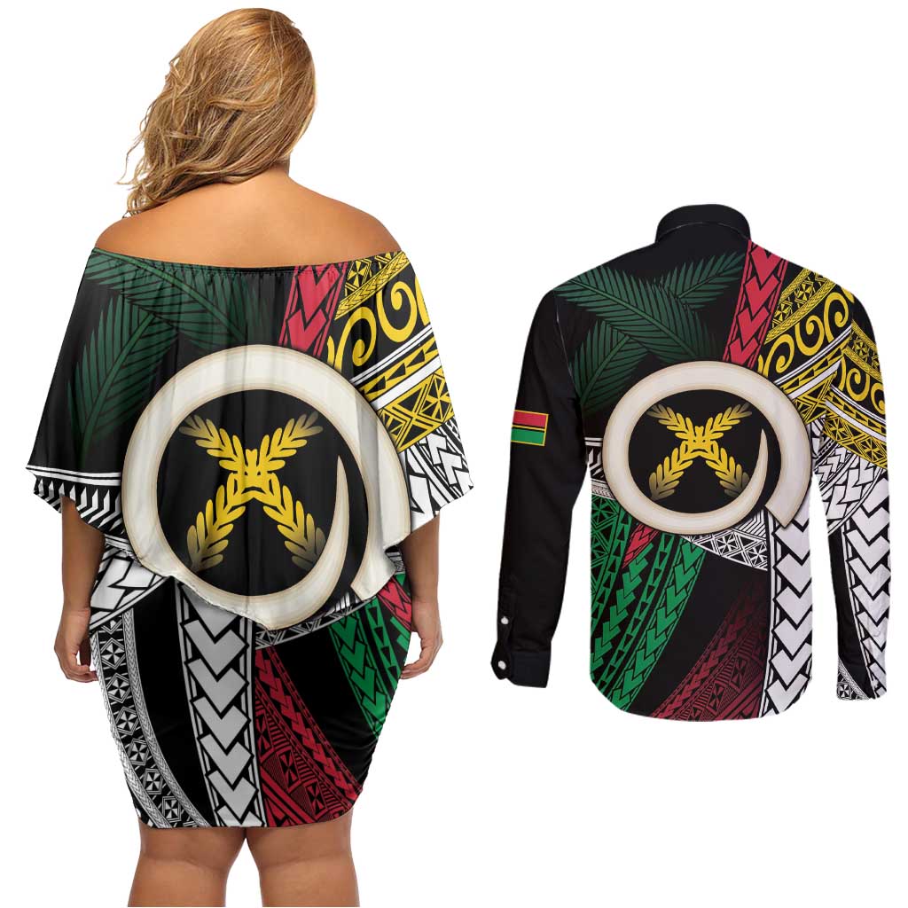 Ni-Van Vanuatu 45th Yumi Yumi Yumi Couples Matching Off Shoulder Short Dress and Long Sleeve Button Shirt Vanuatuan Boar Tusk Polynesian Pattern
