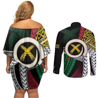 Ni-Van Vanuatu 45th Yumi Yumi Yumi Couples Matching Off Shoulder Short Dress and Long Sleeve Button Shirt Vanuatuan Boar Tusk Polynesian Pattern