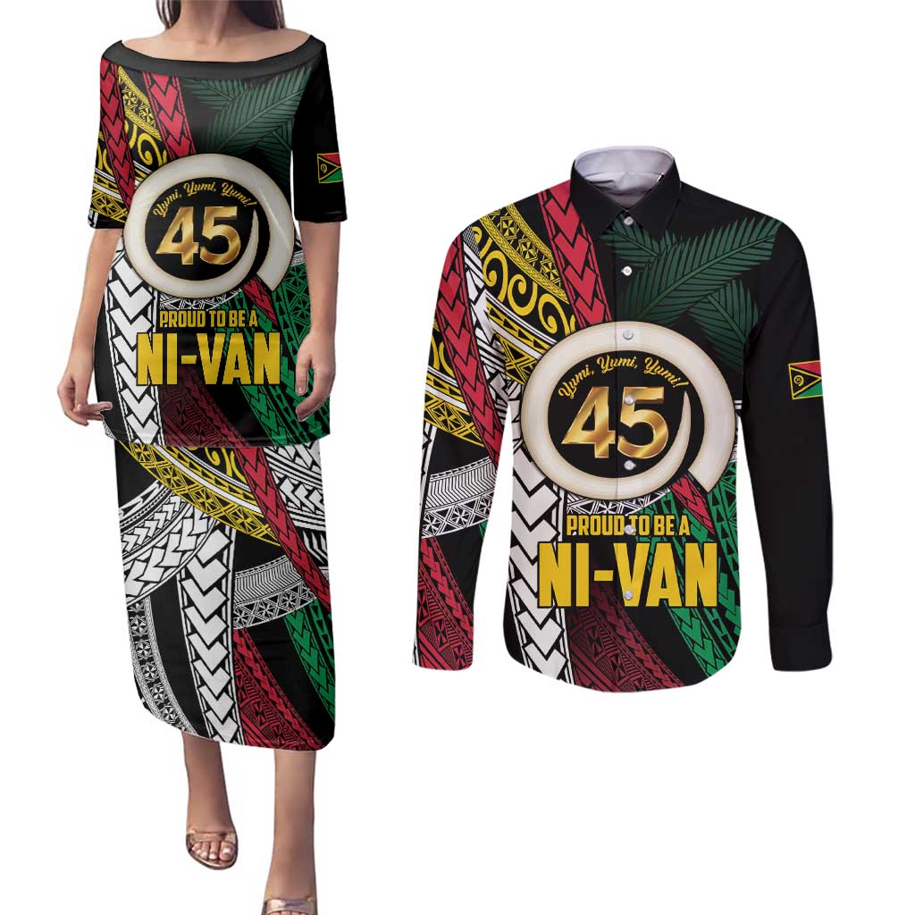 Ni-Van Vanuatu 45th Yumi Yumi Yumi Couples Matching Puletasi and Long Sleeve Button Shirt Vanuatuan Boar Tusk Polynesian Pattern