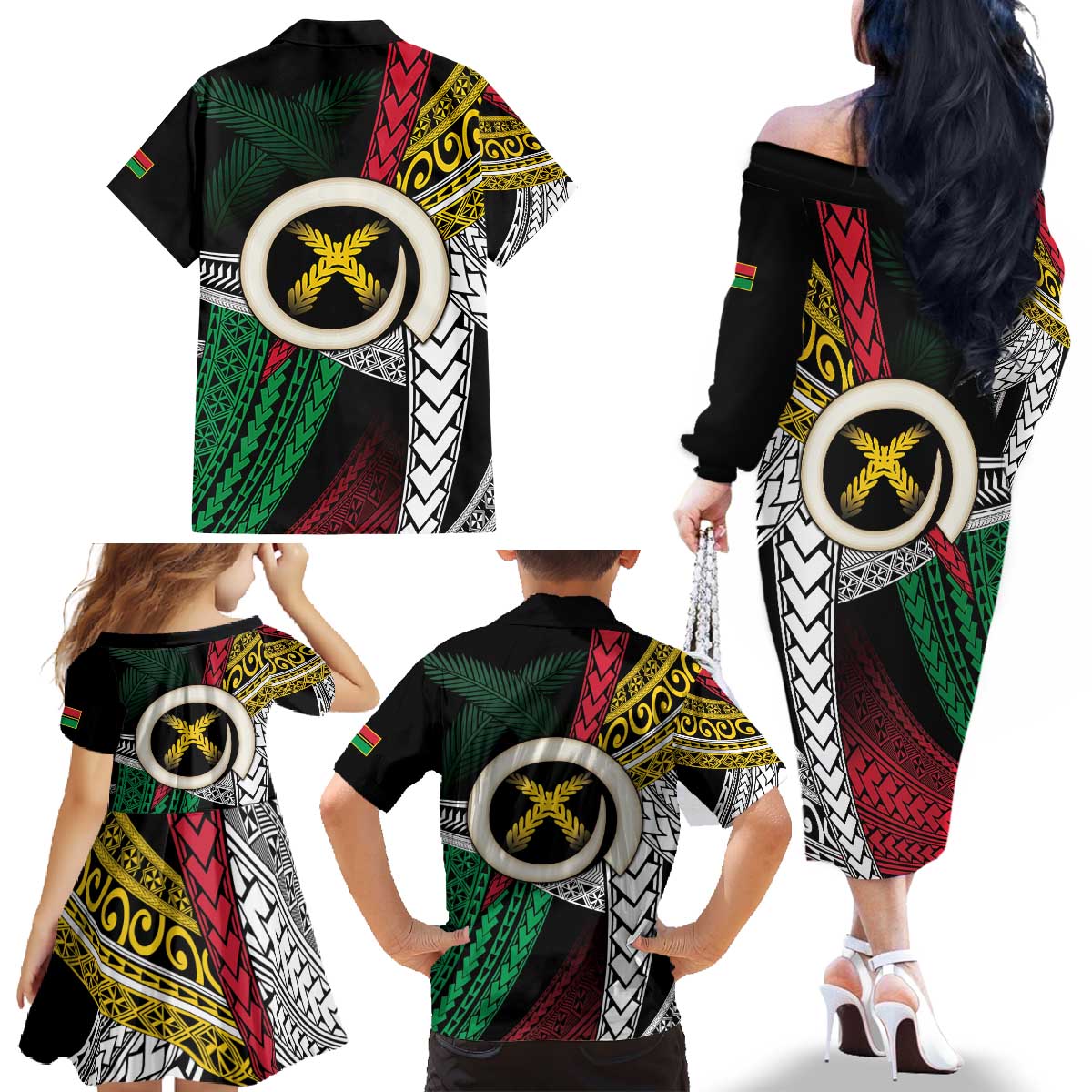 Ni-Van Vanuatu 45th Yumi Yumi Yumi Family Matching Off The Shoulder Long Sleeve Dress and Hawaiian Shirt Vanuatuan Boar Tusk Polynesian Pattern