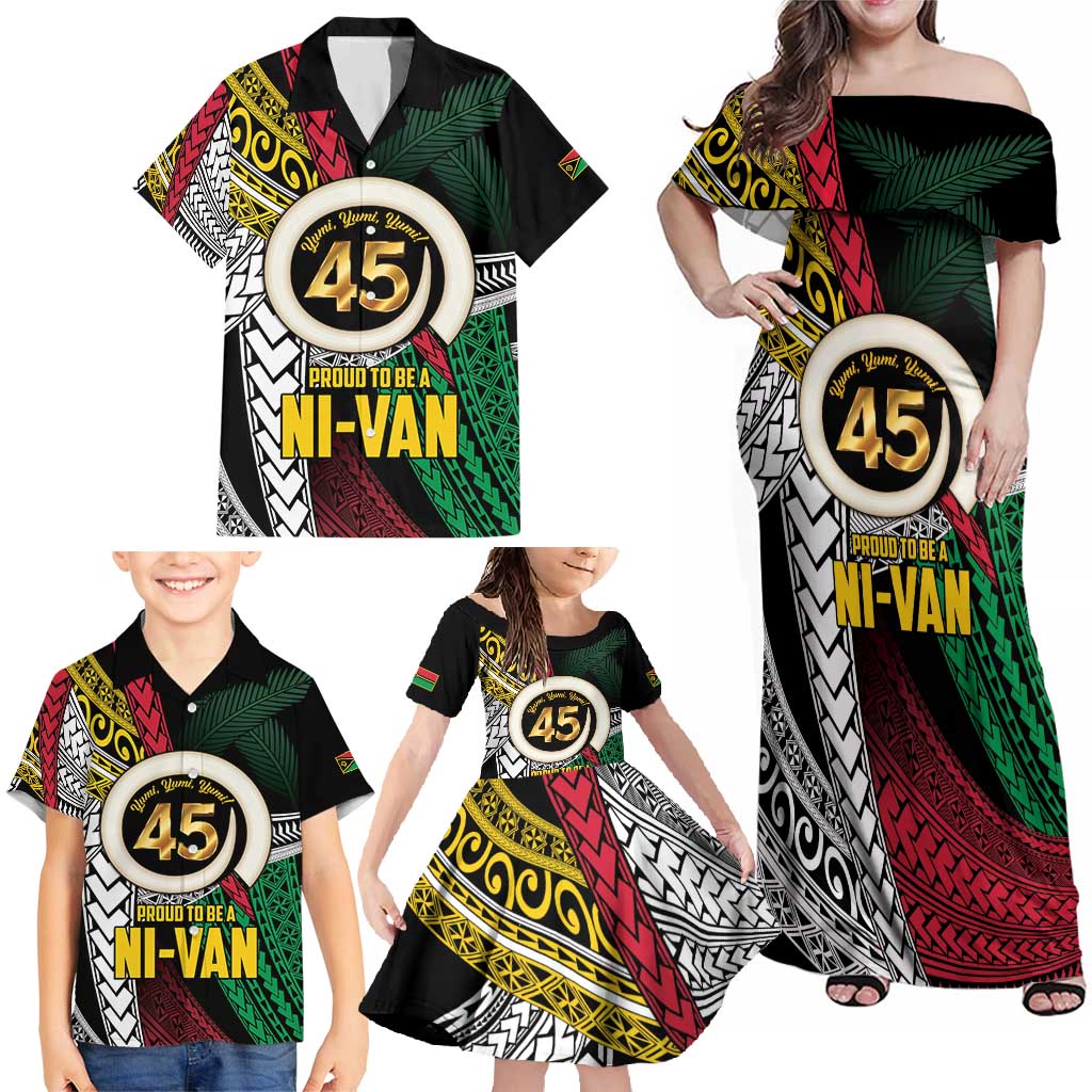 Ni-Van Vanuatu 45th Yumi Yumi Yumi Family Matching Off Shoulder Maxi Dress and Hawaiian Shirt Vanuatuan Boar Tusk Polynesian Pattern