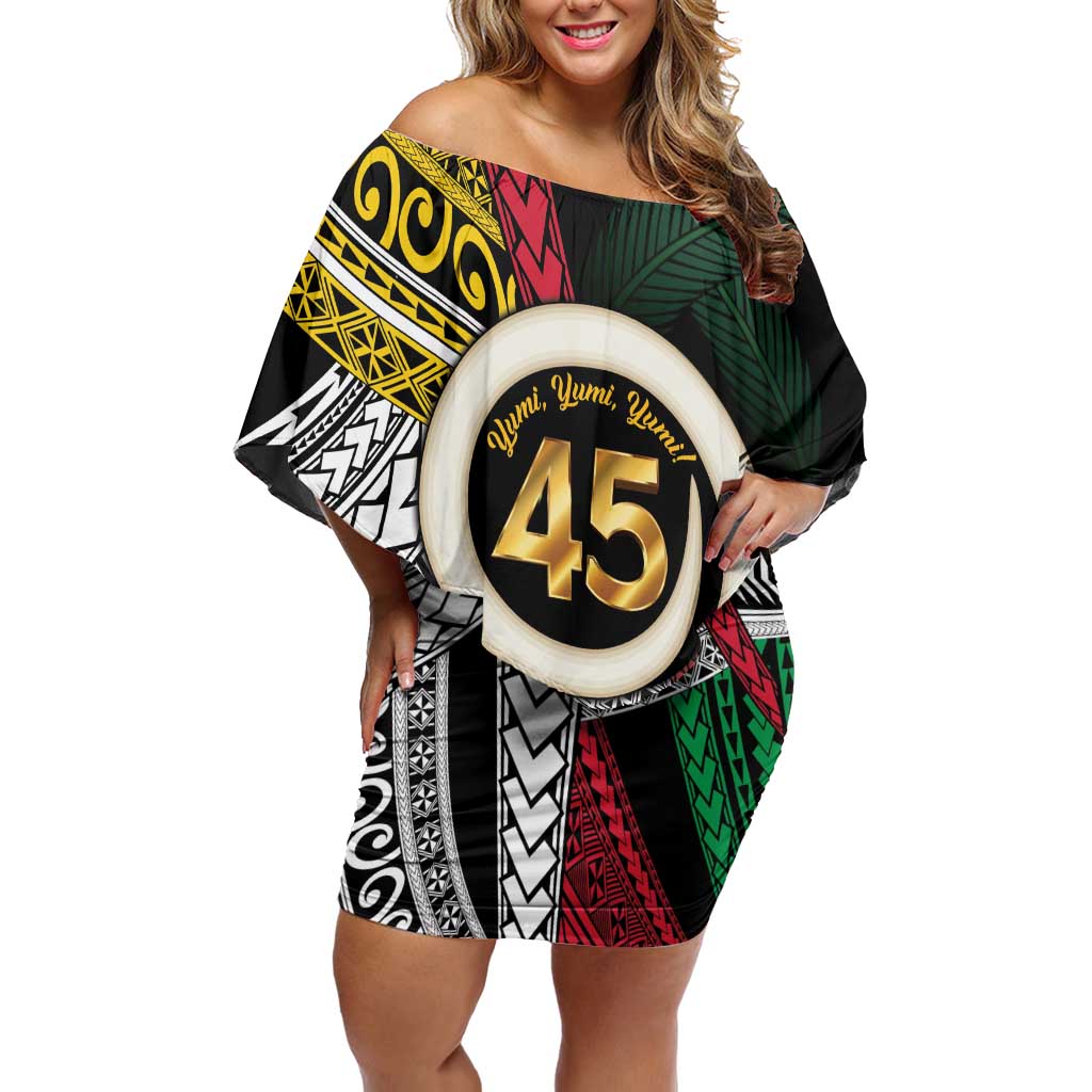 Ni-Van Vanuatu 45th Yumi Yumi Yumi Family Matching Off Shoulder Short Dress and Hawaiian Shirt Vanuatuan Boar Tusk Polynesian Pattern LT9 Mom's Dress Black - Polynesian Pride