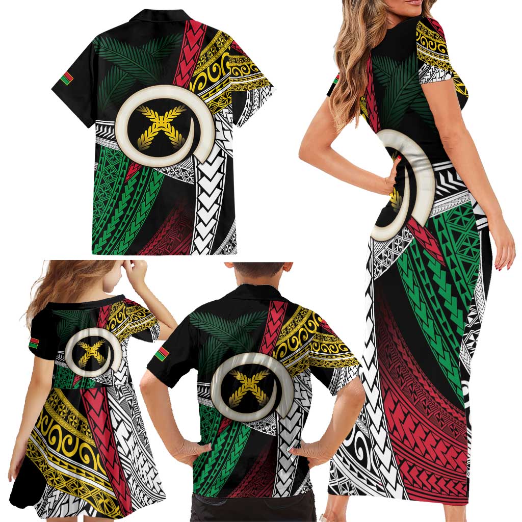 Ni-Van Vanuatu 45th Yumi Yumi Yumi Family Matching Short Sleeve Bodycon Dress and Hawaiian Shirt Vanuatuan Boar Tusk Polynesian Pattern