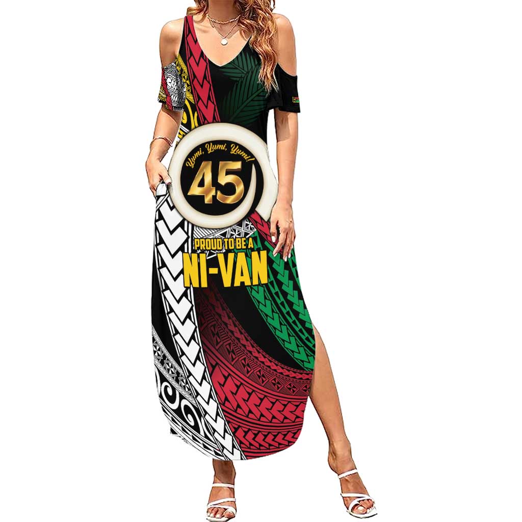 Ni-Van Vanuatu 45th Yumi Yumi Yumi Family Matching Summer Maxi Dress and Hawaiian Shirt Vanuatuan Boar Tusk Polynesian Pattern LT9 Mom's Dress Black - Polynesian Pride
