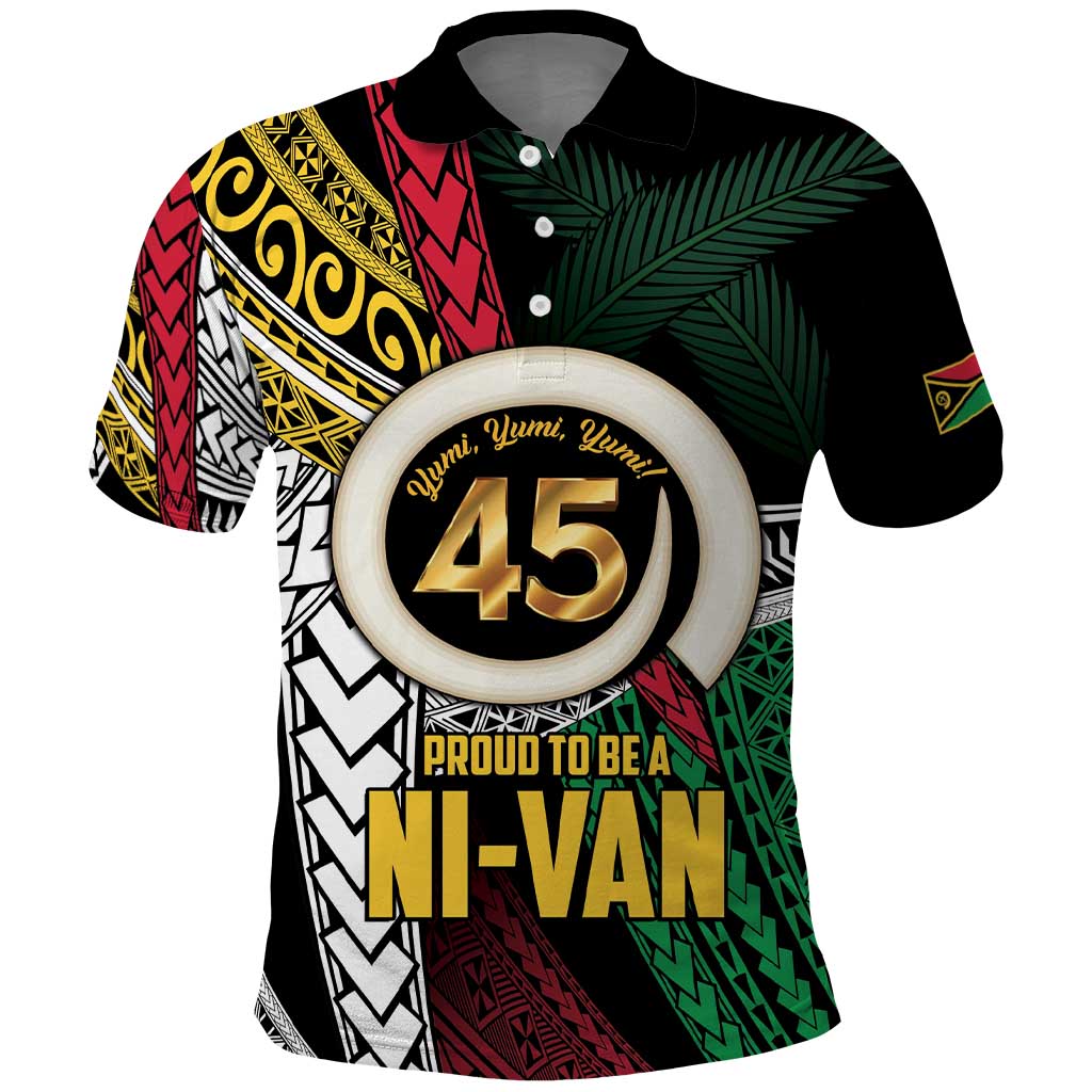 Ni-Van Vanuatu 45th Yumi Yumi Yumi Polo Shirt Vanuatuan Boar Tusk Polynesian Pattern LT9 Black - Polynesian Pride