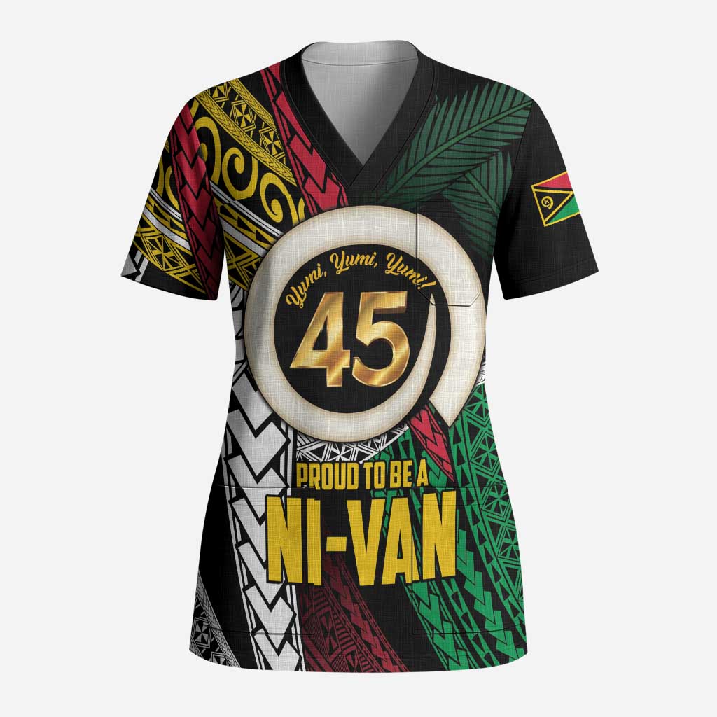 Ni-Van Vanuatu 45th Yumi Yumi Yumi Scrub Top Vanuatuan Boar Tusk Polynesian Pattern - Polynesian Pride