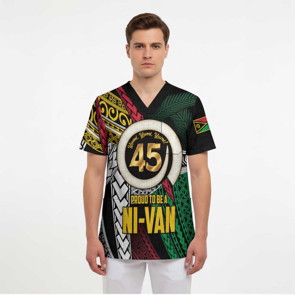 Ni-Van Vanuatu 45th Yumi Yumi Yumi Scrub Top Vanuatuan Boar Tusk Polynesian Pattern - Polynesian Pride