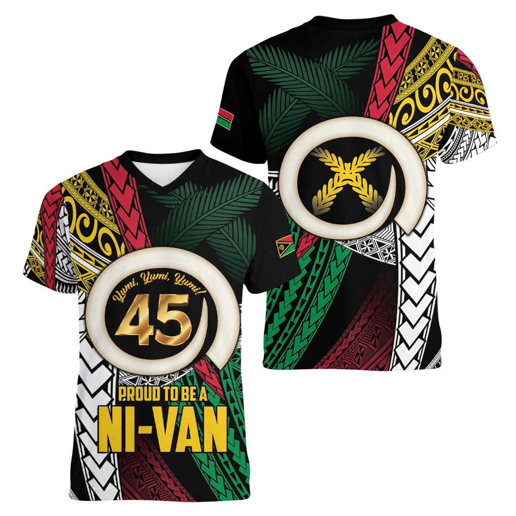 Ni-Van Vanuatu 45th Yumi Yumi Yumi Women V-Neck T-Shirt Vanuatuan Boar Tusk Polynesian Pattern
