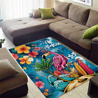 Hawaiian Flamingo Hibiscus Personalised Area Rug Blue Summer Tropical Flowers - Polynesian Pride