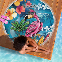 Hawaiian Flamingo Hibiscus Personalised Beach Blanket Blue Summer Tropical Flowers - Polynesian Pride