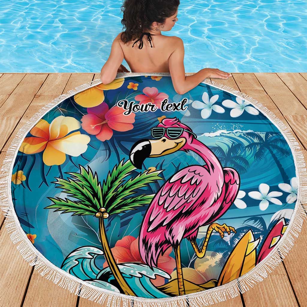 Hawaiian Flamingo Hibiscus Personalised Beach Blanket Blue Summer Tropical Flowers - Polynesian Pride